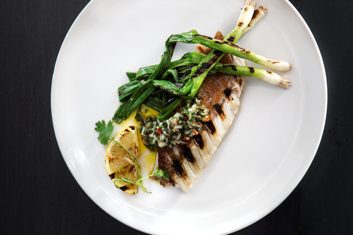 Grilled red fish with chili and spring onions