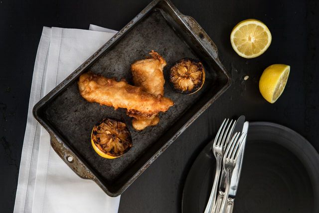 Redfish in beer batter and burned lemon
